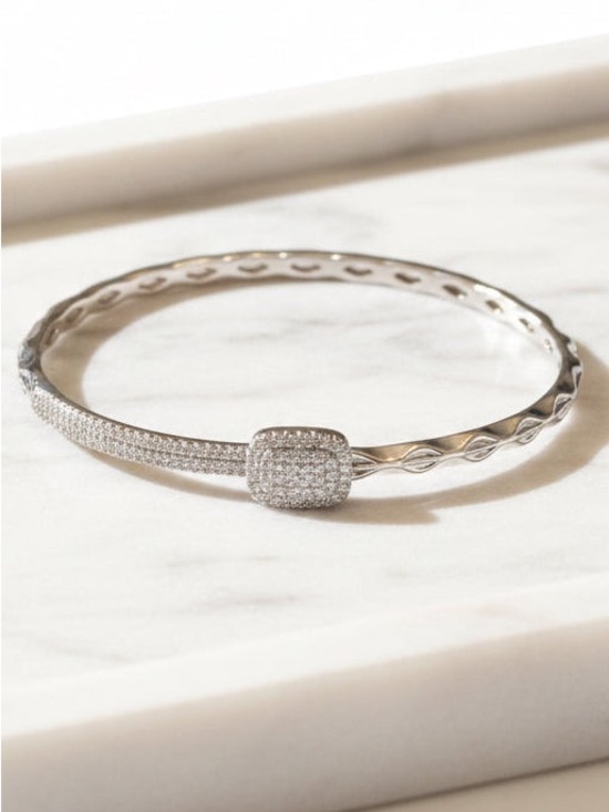 Jewelry - Sterling Silver Pavé Square Accent Bangle Bracelet - Silver